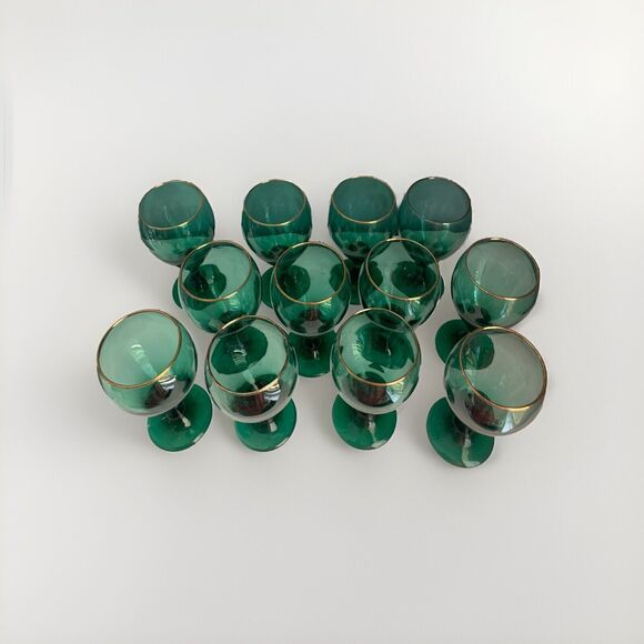 Set of 4 Vintage Libbey Teardrop Juniper Green Wine Goblets Glass Gold Rims - Picture 6 of 12